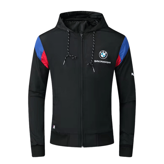 BMW Moto Side Crested Zip Down Hooded Polythene Men's Jacket- Black - Obeezi.com